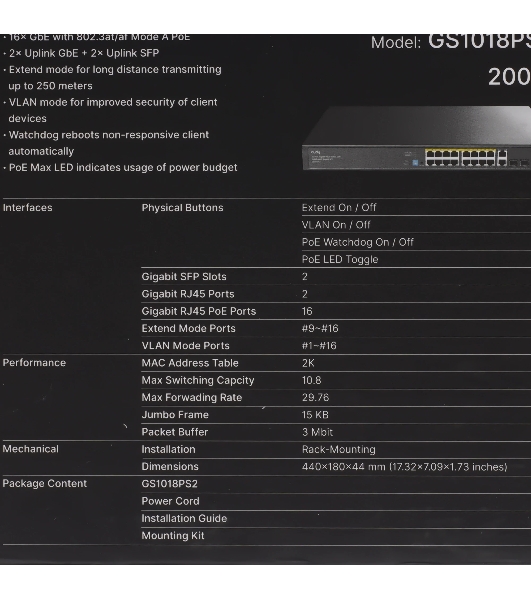Коммутатор Cudy GS1018PS2, 16×1 Гбит/с, 2×1 Гбит/с Combo (RJ-45/SFP), 2×1 Гбит/с SFP