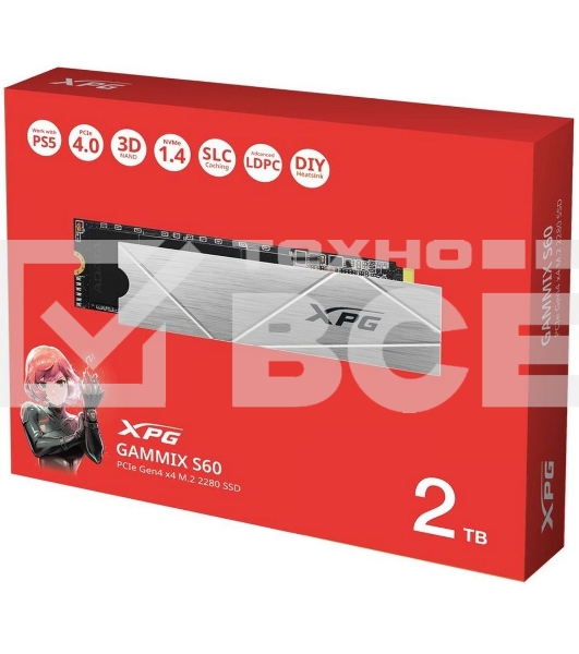 Накопитель SSD ADATA XPG GAMMIX S60, 2Tb, PCIe 4.0 x4, M.2 2280, NVMe, R/W 5000/4200, с радиатором