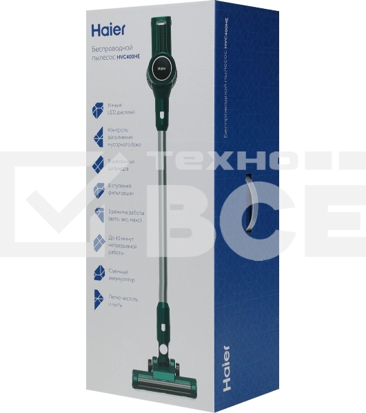 Пылесос вертикальный Haier HVC400HE зеленый, питание от аккумулятора, 400 Вт, уборка сухая, пылесборник 0.8 л