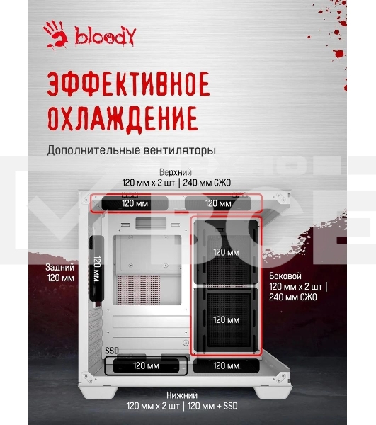 Компьютерный корпус Bloody CC-121 белый без БП mATX 7x120мм 1xUSB2.0 1xUSB3.0 audio