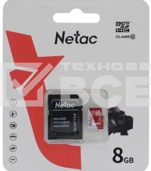 Карта памяти Netac P500 ECO MicroSDHC 8GB C10 [NT02P500ECO-008G-R], с адаптером