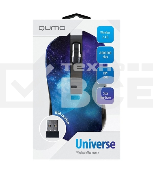 Мышь беспроводная Qumo Office M27 Universe синий, 1600 dpi, радиоканал, USB, кнопки - 4