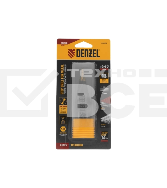 Сверло ступенчатое Denzel 6-8-10-12-14-16-18-20-22-24-26-28-30 мм, Р6М5, 6-гр. хвостовик 723604