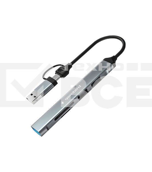 Кард-ридер Type-C/USB-A (3.1) Gembird 5в1: 2xUSB 2.0, USB3.1, SD/TF, кабель 10 см, алюминий