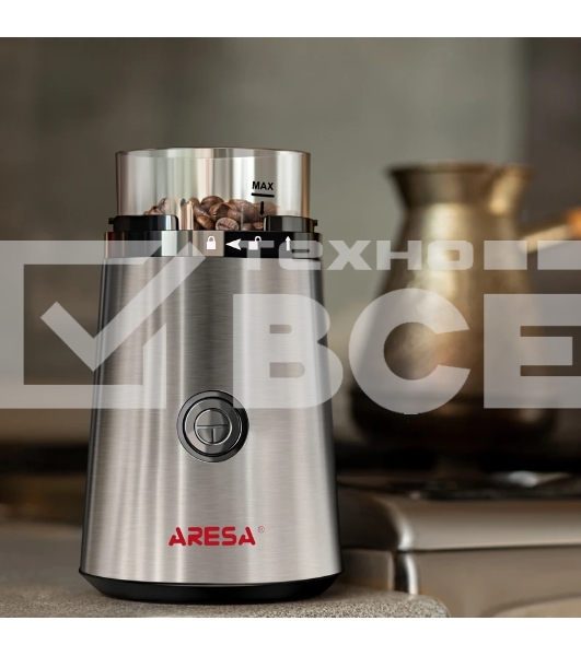 Кофемолка ARESA AR-3605 220-240В 50Гц 300Вт Вместимость контейнера для зерен 65 г. Корпус из металла, прозрачная крышка Импульсный режим работы Нож из нержавеющий стали Защита от случайного включения Возможность помола специй, орехов и сухофруктов