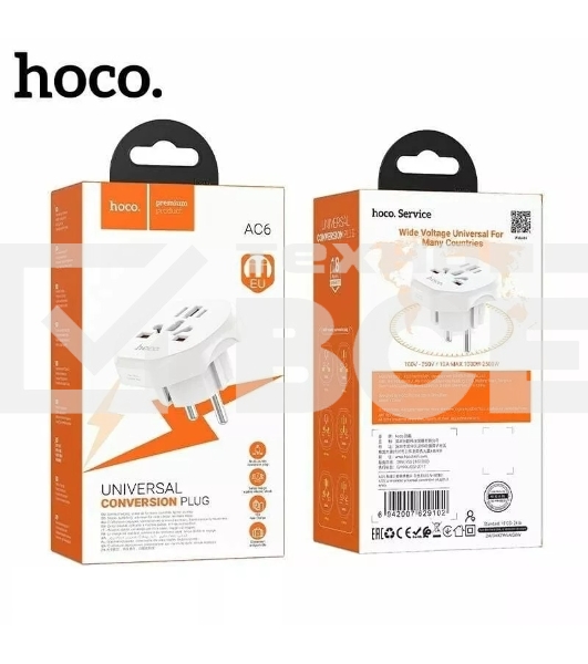 Сетевой переходник адаптер для евророзетки Hoco AC6 10А 250В белый