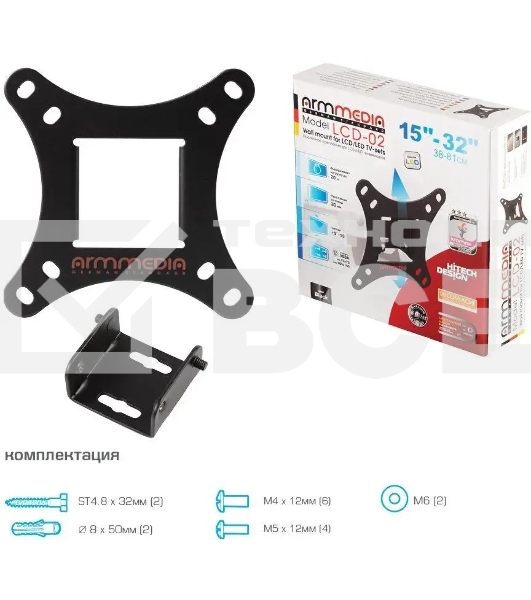 Кронштейн для телевизора Arm Media LCD-02 черный, 15'-32' макс 20 кг, настенный, наклон