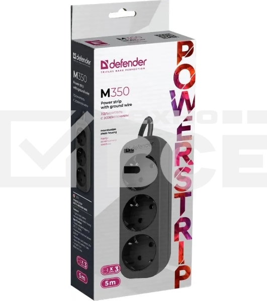 Удлинитель сетевой Defender M350 черный, 5 м, EURO, 3 розетки, 2200 Вт