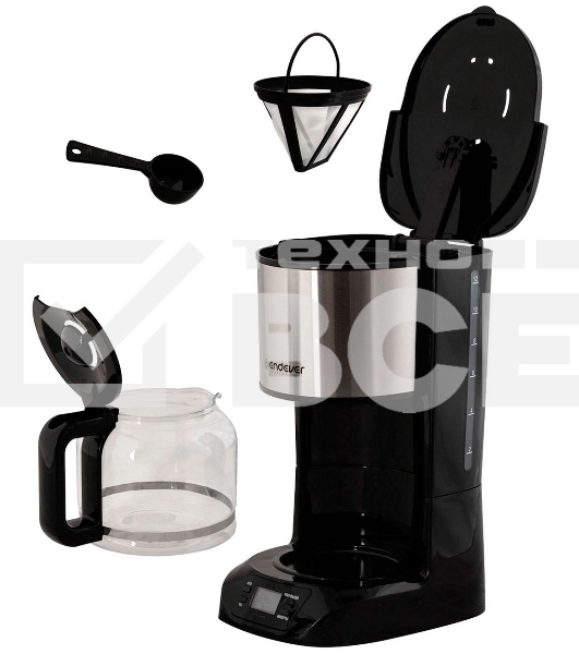 Кофеварка капельного типа Endever Costa-1044, мощность 800 Вт, цвет-стальной/черный, объем 1,5л, LCD дисплей, по 4 шт/уп