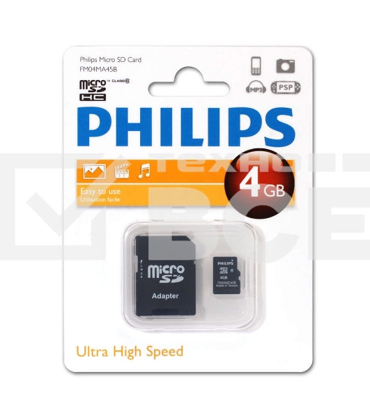 Флеш карта microSD 4GB PHILIPS microSDHC Class 10 (SD адаптер)