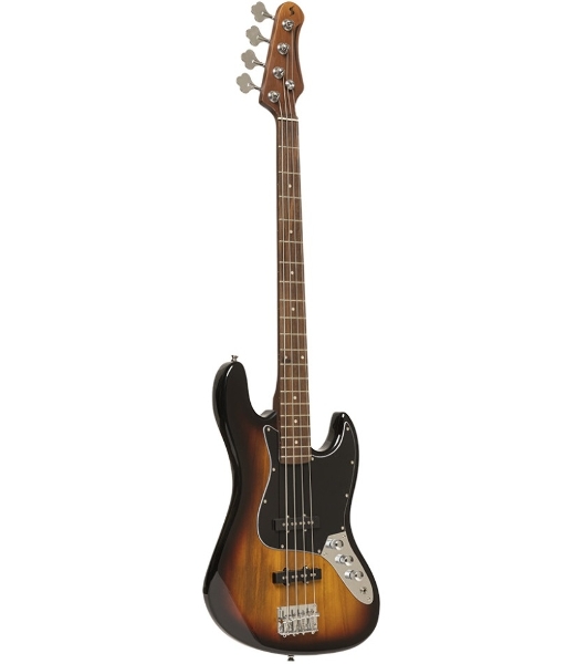 Бас-гитара STAGG SBJ-30 SNB 4-х струнная форма Jazz Bass, корпус павловния, гриф клен, накладка грифа палисандр, 20 ладов, мензура 867 мм, колки никелированные, бридж JB Classic, звукосниматели 2xJB, регуляторы 2x громкости, 1x тона, цвет Sunburst