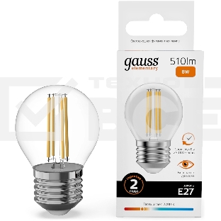 Лампа филам. Gauss Filament 8Вт цок.:E27 шар св.свеч.бел.теп. (упак.:10шт) (52218)