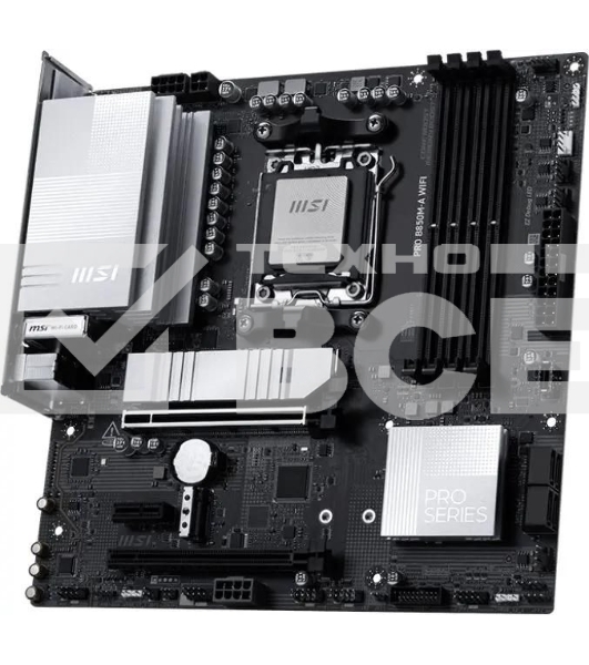 Материнская плата MSI PRO B850M-A WIFI, AM5, AMD B850, 4xDDR5, 4xSATA, 2xM.2, 1xPCIe 5.0 x16, 1xPCIe 4.0 x4, 1xPCIe 3.0 x1, 1xHDMI (v2.1), 1xDP (v1.4), 1x5Gb LAN, Wi-Fi 7, Bluetooth 5.4, 2xUSB-C 10Gbps, 3xUSB-A 10Gbps, 3xUSB-A 5Gbps, 2x3.5 мм, 7.1, mATX
