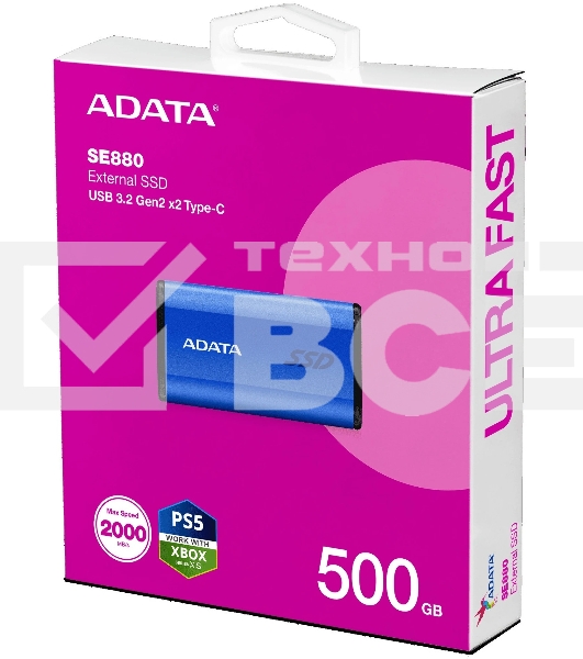 Внешний SSD ADATA External SE880, 500Gb, USB 3.2 Gen2 Type-C, R/W 2000/2000 MB/s, синий