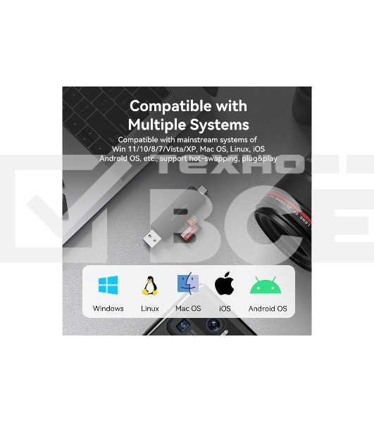 Кард-ридер Vention CLKB0/черный/SD,SDHC,SDXC,TF,micro-SD,micro-SDXC,miсro-SDHC/USB 3.0/Type C/OTG/пластик