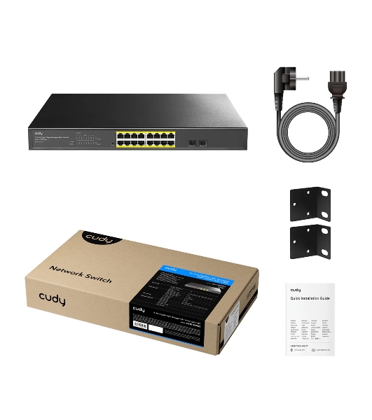 Коммутатор CUDY GS1016EPS2, 16×1 Гбит/с PoE+ + 2×1 Гбит/с SFP, настраиваемый