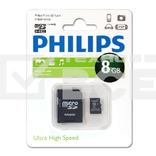Флеш карта microSD 8GB PHILIPS microSDHC Class 10 (SD адаптер)