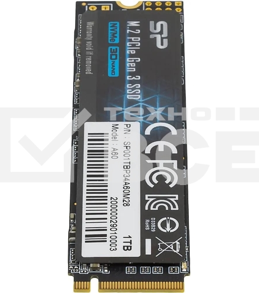 Накопитель SSD Silicon Power P34A60, 1Tb, PCIe 3.0 x4, M.2 2280, NVMe, R/W 2200/1600