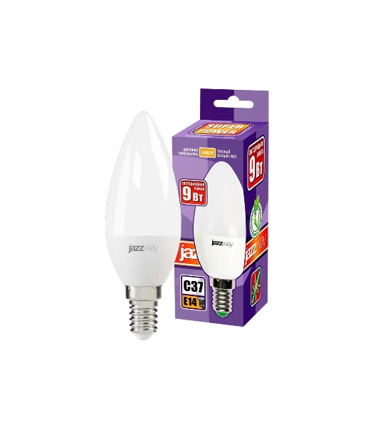 Лампа светодиодная JazzWay PLED-SP C37 9Вт свеча 3000К теплый белый E14 820лм 230В