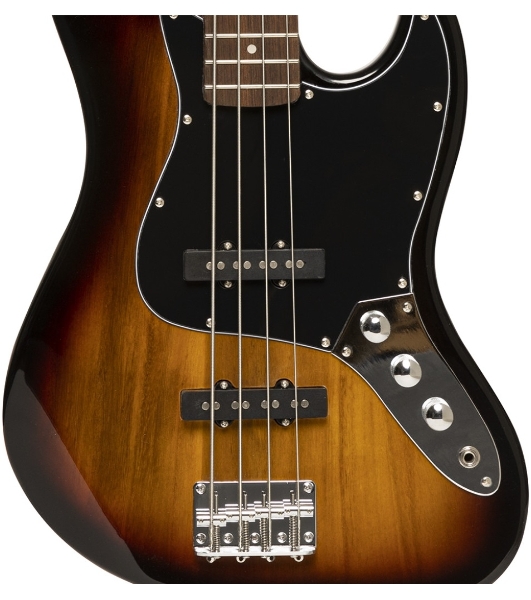 Бас-гитара STAGG SBJ-30 SNB 4-х струнная форма Jazz Bass, корпус павловния, гриф клен, накладка грифа палисандр, 20 ладов, мензура 867 мм, колки никелированные, бридж JB Classic, звукосниматели 2xJB, регуляторы 2x громкости, 1x тона, цвет Sunburst