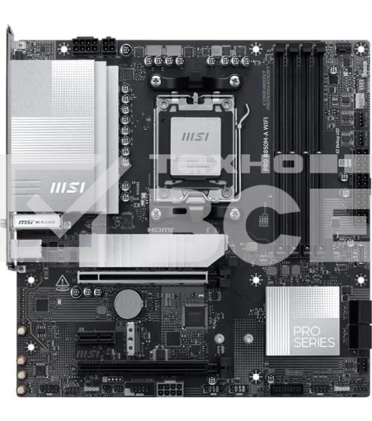 Материнская плата MSI PRO B850M-A WIFI, AM5, AMD B850, 4xDDR5, 4xSATA, 2xM.2, 1xPCIe 5.0 x16, 1xPCIe 4.0 x4, 1xPCIe 3.0 x1, 1xHDMI (v2.1), 1xDP (v1.4), 1x5Gb LAN, Wi-Fi 7, Bluetooth 5.4, 2xUSB-C 10Gbps, 3xUSB-A 10Gbps, 3xUSB-A 5Gbps, 2x3.5 мм, 7.1, mATX