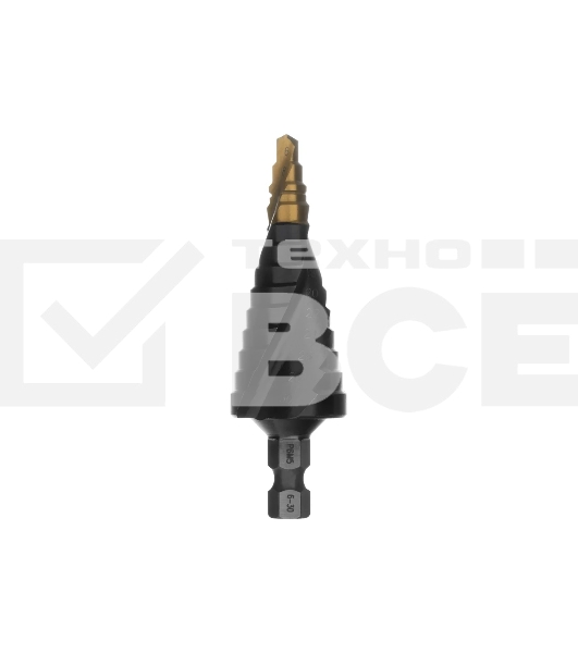 Сверло ступенчатое Denzel 6-8-10-12-14-16-18-20-22-24-26-28-30 мм, Р6М5, 6-гр. хвостовик 723604