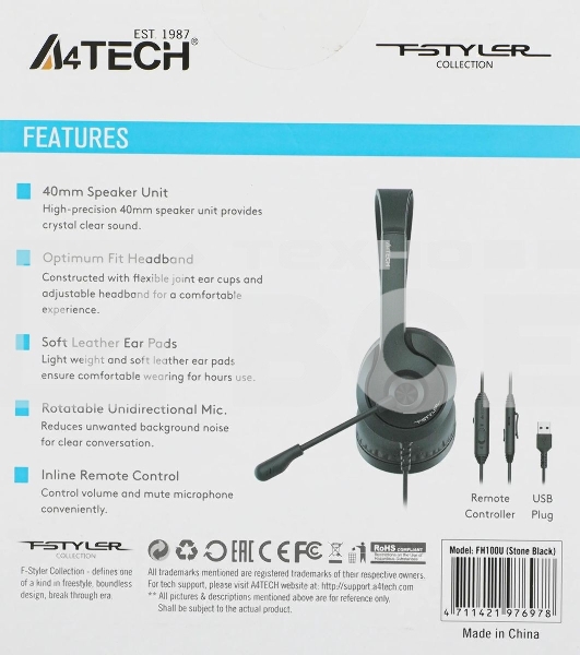 Гарнитура A4Tech FStyler FH100U чёрный, проводная, USB