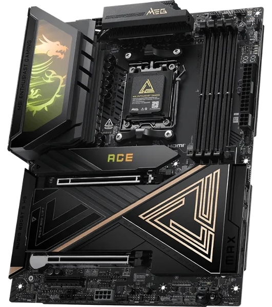 Материнская плата MSI MEG X870E ACE MAX, AM5, AMD X870E, 4xDDR5 (до 256 ГБ), 4xSATA, 5xM.2 (2xPCIe 5.0, 3xPCIe 4.0), 2xPCIe 5.0 x16, 1xPCIe x4, 1xHDMI, 1x5Gb LAN, 1x10Gb LAN, Wi-Fi 7, Bluetooth 5.4, 2xUSB-C 40Gbps (USB4), 2xUSB-C 20Gbps, 2xUSB-A 10Gbps, 7xUSB-A 5Gbps, 3x3.5 мм + S/PDIF оптический, 7.1, чёрный, с подсветкой, ATX
