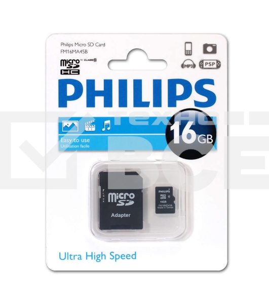 Флеш карта microSD 16GB PHILIPS microSDHC Class 10 (SD адаптер)