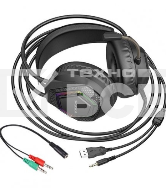 Проводные наушники Borofone BO105 Thunder черный, полноразмерные, RGB-подсветка