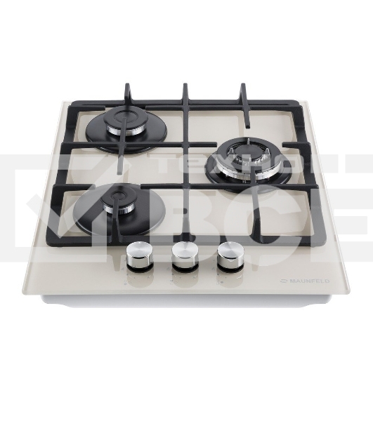 Газовая варочная панель Maunfeld EGHG.43.33CBG/G газ, ширина 45 см, 3 конфорки, WOK, чугунные решетки, газ-контроль, электроподжиг, бежевый