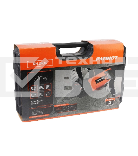 Перфоратор PATRIOT RH 243Q, SDS+, мощность 770 Вт, 2.6 Дж, 3 режима работы, быстросменный патрон QCC, макс.диаметр 24мм, глубиномер, кейс