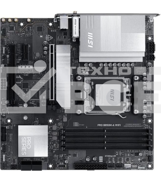 Материнская плата MSI PRO B850M-A WIFI, AM5, AMD B850, 4xDDR5, 4xSATA, 2xM.2, 1xPCIe 5.0 x16, 1xPCIe 4.0 x4, 1xPCIe 3.0 x1, 1xHDMI (v2.1), 1xDP (v1.4), 1x5Gb LAN, Wi-Fi 7, Bluetooth 5.4, 2xUSB-C 10Gbps, 3xUSB-A 10Gbps, 3xUSB-A 5Gbps, 2x3.5 мм, 7.1, mATX