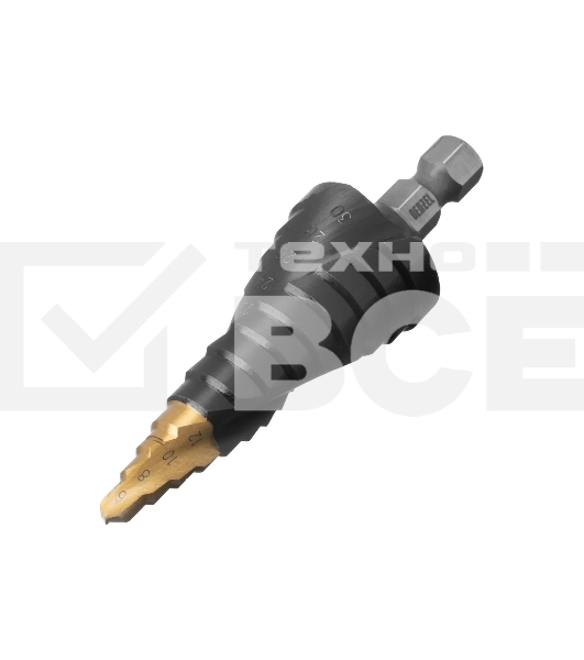 Сверло ступенчатое Denzel 6-8-10-12-14-16-18-20-22-24-26-28-30 мм, Р6М5, 6-гр. хвостовик 723604