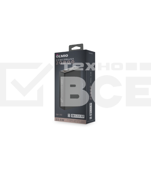 Портативный аккумулятор OLMIO QX-20, 20000mAh, 22.5W, QuickCharge3.0/PowerDelivery, LCD, графитовый