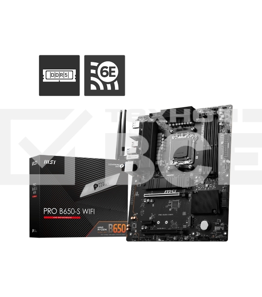 Материнская плата MSI PRO B650-S WIFI, AM5, AMD B650, 4xDDR5, 4xSATA, 2xM.2, 1xPCI-E 4.0 x16, 1xPCI-E 4.0 x4, 1xHDMI, 1xDP, 1x2.5Gb LAN, 3xUSB 3.2 Gen 1, 3xUSB 3.2 Gen 2, 6x3.5 мм, 7.1, Standard-ATX
