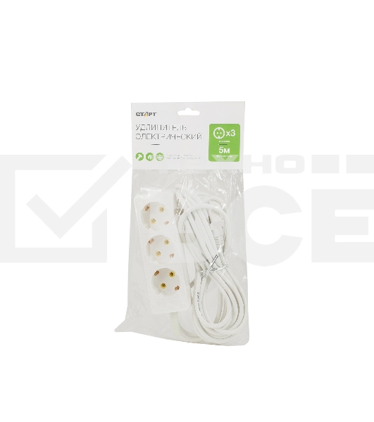 Удлинитель сетевой СТАРТ S 3x5-Z --20 dg, 3 розетки, до 10А, 5м, с заземлением, белый