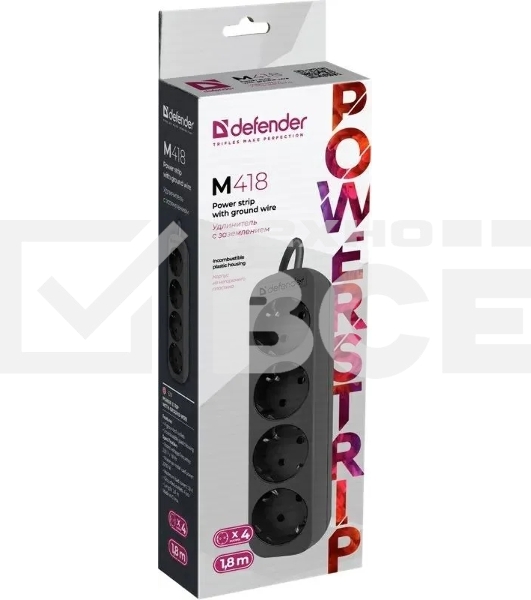 Удлинитель Defender M418 черный, 1.8 м, EURO, 4 розетки, 2200 Вт