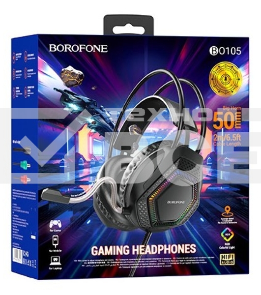 Проводные наушники Borofone BO105 Thunder черный, полноразмерные, RGB-подсветка