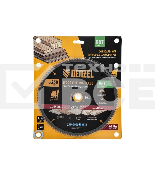 Пильный диск по дереву Denzel ф250 х 30 мм, 96 зубьев 733597