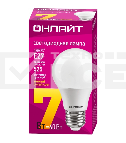 Лампа светодиодная ОНЛАЙТ 71647 OLL-A60-7-230-2.7K-E27 7Вт грушевидная 2700К тепл. бел. E27 525лм 176-264В