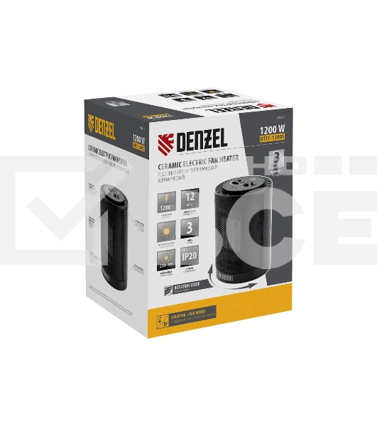 Тепловентилятор керамический Denzel DTFC-1200S, черный, 600/1200 Вт, 12 м2, 3 режима, термостат