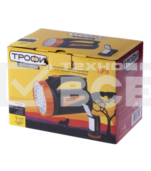 Фонарь светодиодный Трофи TSP19 прожекторный, аккумуляторный, кемпинговый походный ударопрочный водонепроницаемый, встроенный светильник, 2 режима, 19 LED