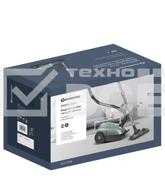 Пылесос Eurostek EVC-3016 мятный, Потребляемая мощность – 2600 Вт, Мощность всасывания – 420 Вт