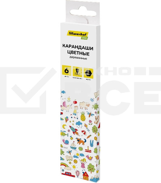 Карандаши цветные Silwerhof Eco 2.65 мм, шестигранный профиль, дерево, ассорти, 6 цветов, коробка с европодвесом