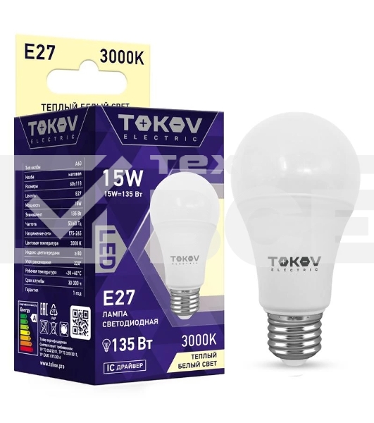 Лампа светодиодная TOKOV ELECTRIC 15Вт А60 3000К Е27 176-264В