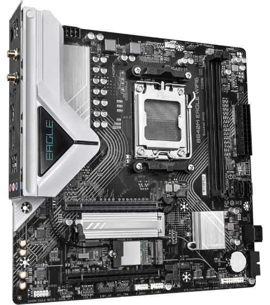 Материнская плата Gigabyte B840M EAGLE WIFI6, AM5, AMD B840, 4xDDR5, 4xSATA, 2xM.2, 1xPCIe 4.0 x16, 1xPCIe x1, 1xHDMI, 2xDP, 1x2.5Gb LAN, Wi-Fi 6, Bluetooth 5.3, 1xUSB-C 10Gbps, 1xUSB-A 10Gbps, 2xUSB-A 5Gbps, 4xUSB-A 2.0, 1xPS/2, 3x3.5 мм, 7.1, mATX
