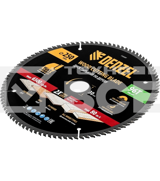 Пильный диск по дереву Denzel ф250 х 30 мм, 96 зубьев 733597