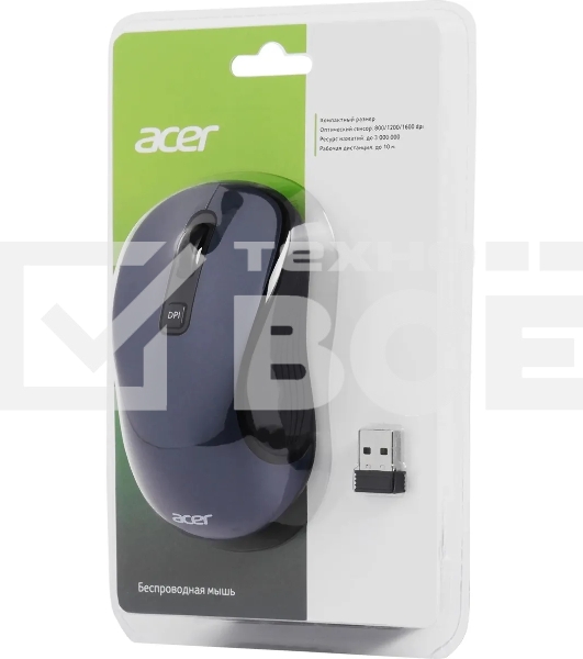 Мышь беспроводная Acer OMR306 черный/серый, 1600 dpi, радиоканал, USB, кнопки - 6