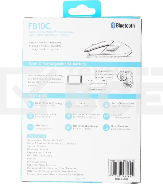 Мышь беспроводная A4Tech Fstyler FB10C черный, 2000 dpi, радиоканал, Bluetooth, USB, кнопки - 4